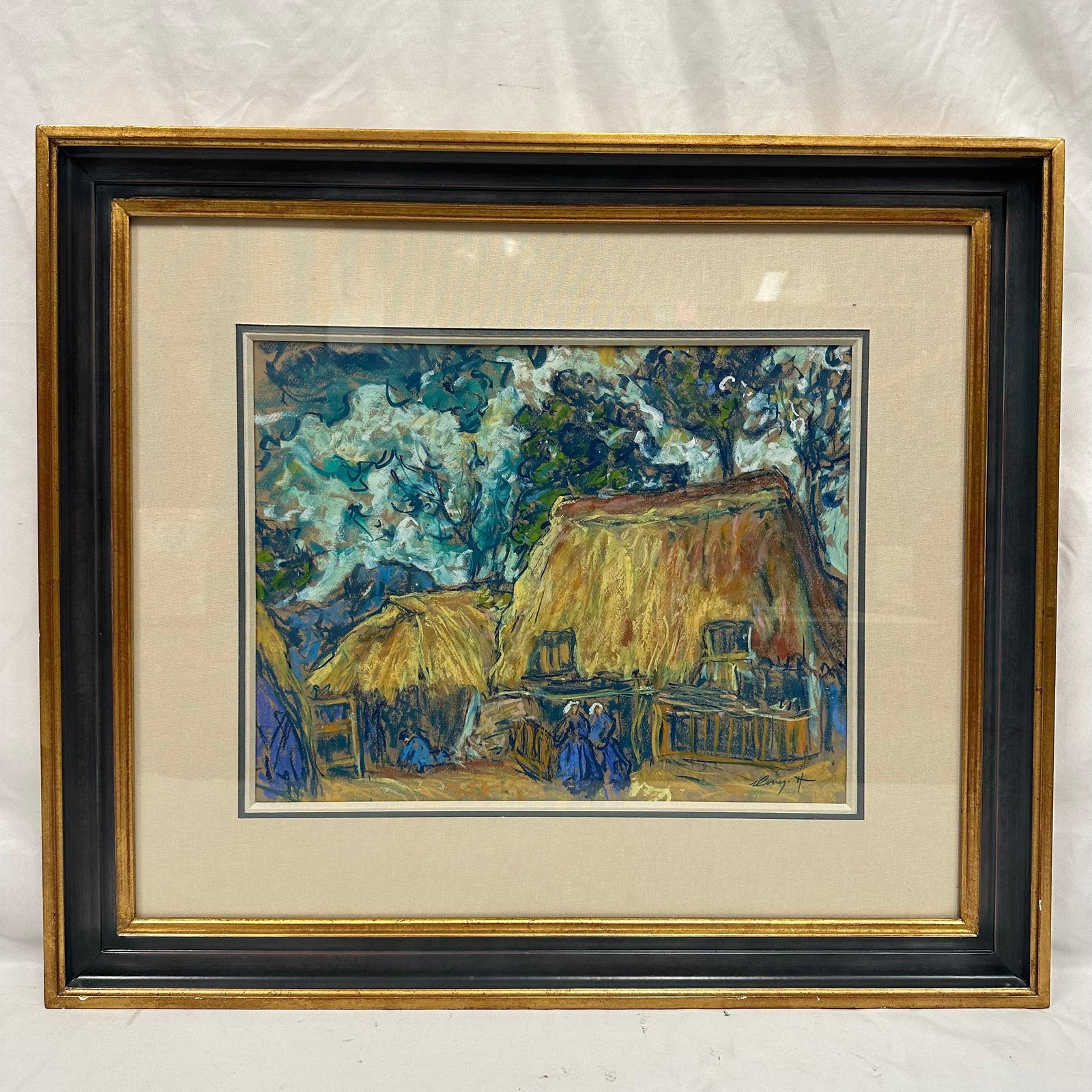 Framed Pastel Drawing Nostalgia Marked on the Back Artist Signed: Pastel drawing titled Nostalgie depicting rustic thatched cottages with figures in blue garments, rendered in expressive strokes and rich color. Signed in the lower right and again on the reverse