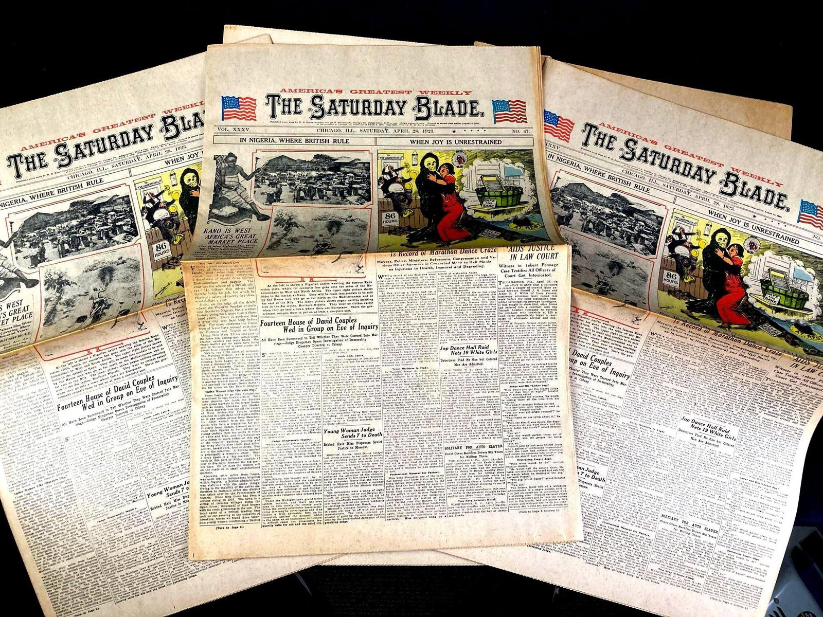 (5) Copies of The Saturday Blade April 23, 1923 "Dance Marathon":  Up for auction is a recent estate find, a set of (5) The Saturday Blade Newspaper dated April 28, 1923 filled with articles of the time period. Colorful artwork and covering a variety of subject