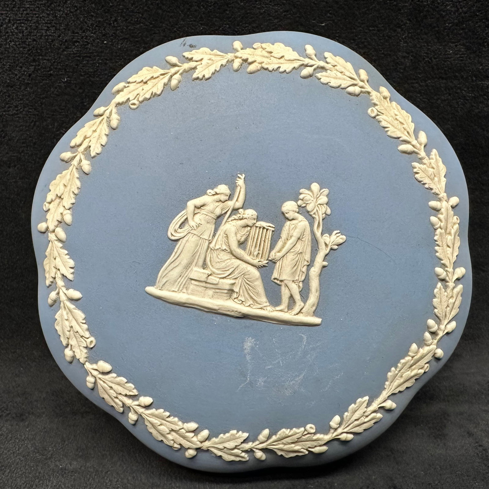 Wedgwood Blue Jasperware Trinket Jewelry Box Round Scalloped: A blue matte finish trinket or jewelry box, Wedgwood, and their classic piece of pottery Jasperware range. Engraved on the bottom is Made in England, Wedgwood. The piece is a blue and white coloring a