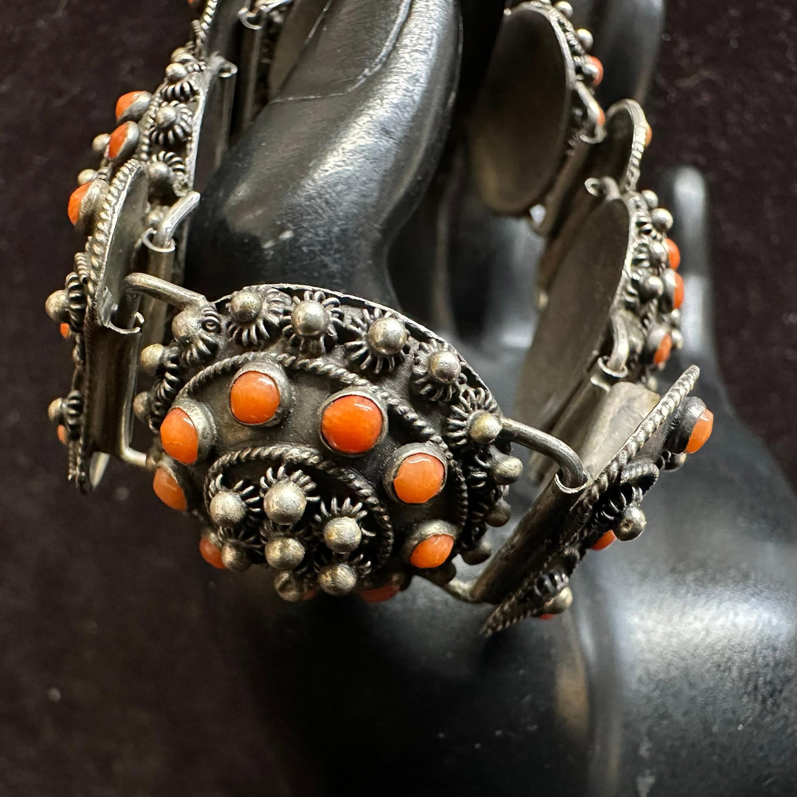 Domed Coral Cabochons 800 Silver European Etruscan Revival Style Bracelet: This item is in good pre-owned, previously used/displayed condition with noticeable light wear and surface scratches. Please reference all photos for full details. This piece of jewelry has been teste