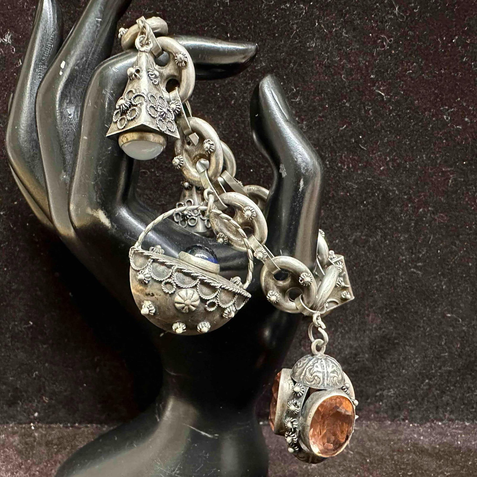 Crystal Glass Ornate Charm 800 Silver Puff Chain Link Bracelet Floral Motif I4 (1 of 9)