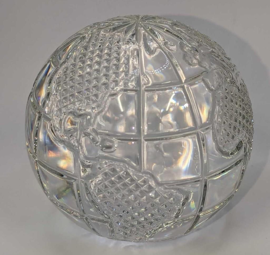 Waterford Crystal Earth Globe Paperweight: Waterford Crystal Earth Globe Paperweight. This is approx 3 1/4" x 3 1/4" x 3" and it weighs 1.68lb. The bottom has some scratches.