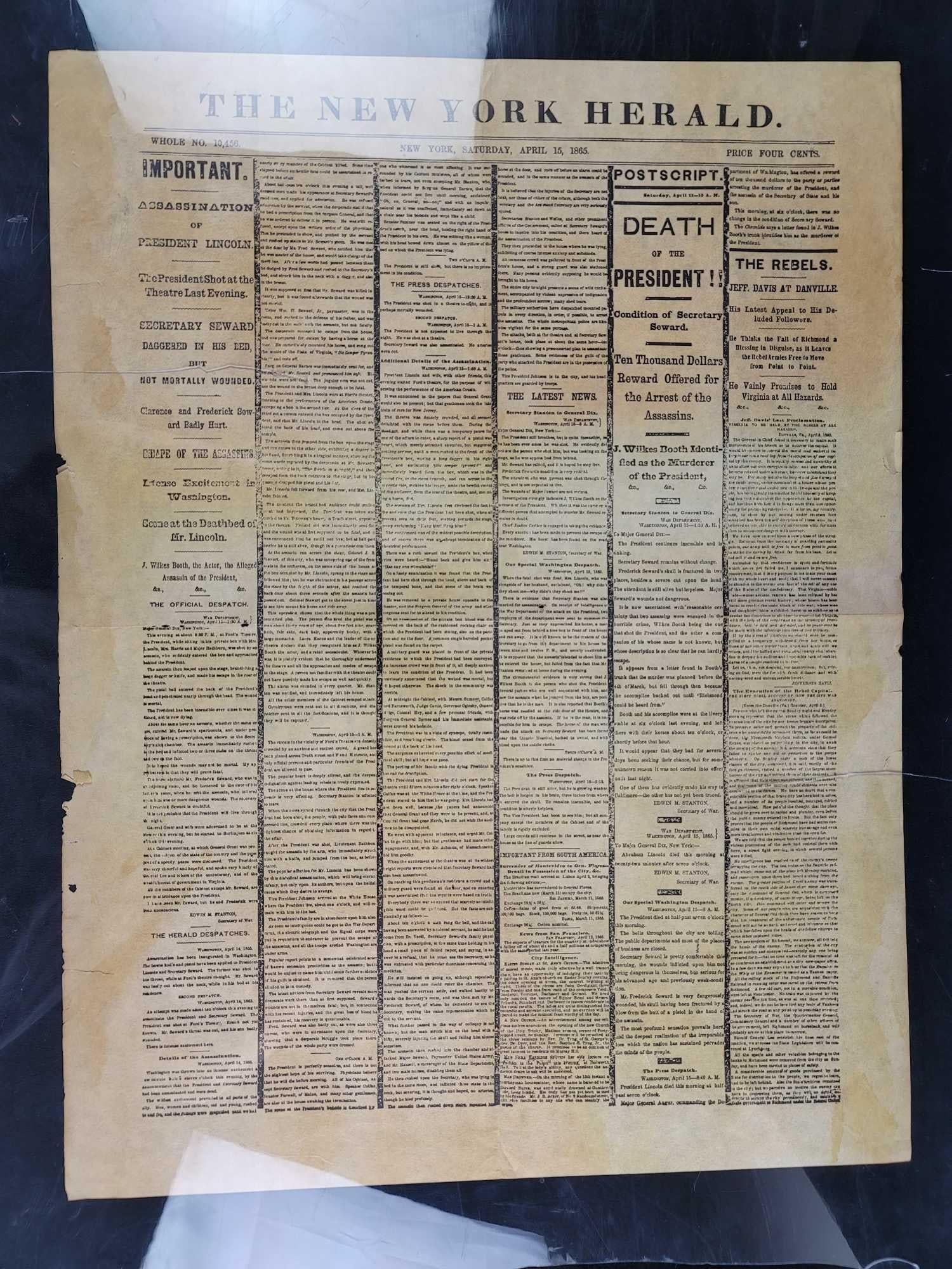 The New York Herald Reissue April 1865 President Lincoln: The New York Herald Newspaper, April 15, 1865. This reprint is from the original in the Library of Congress of pages 1 and 8, error located on page 8 that prints the wrong date. In good condition with
