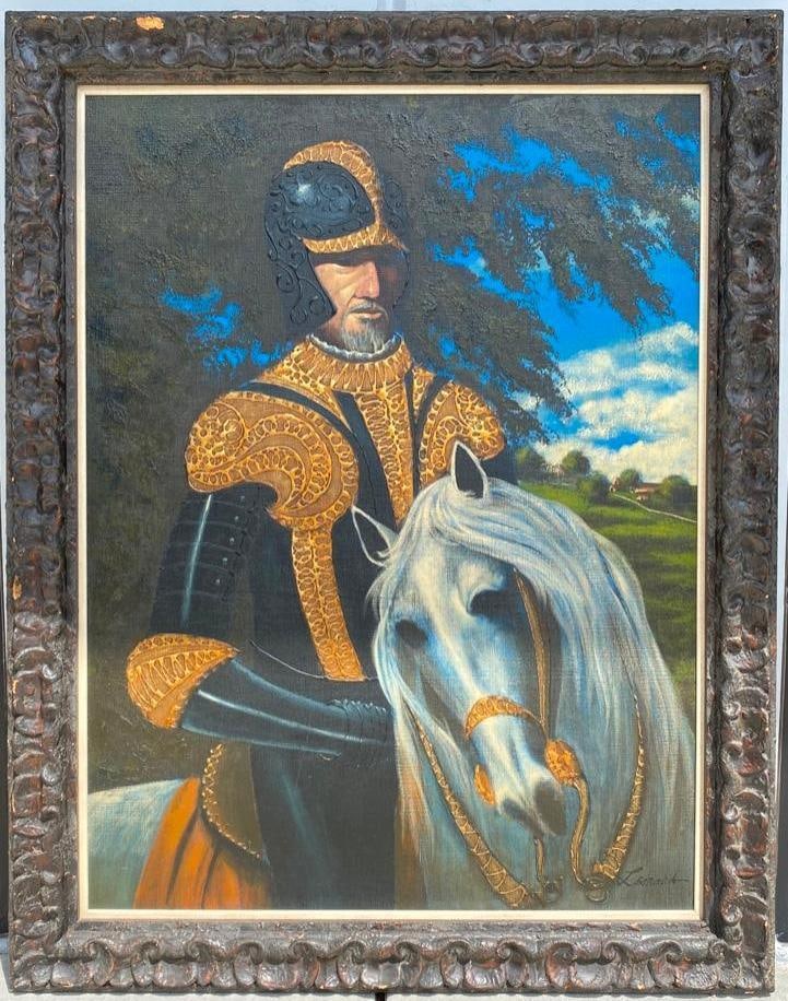 Large Knight Painting JB: Large Knight Painting JB Painting of a knight on board, signed "Leonard". Features a knight in gold-trimmed armor, with his white horse. There is some wear on the frame, but the painting itsel