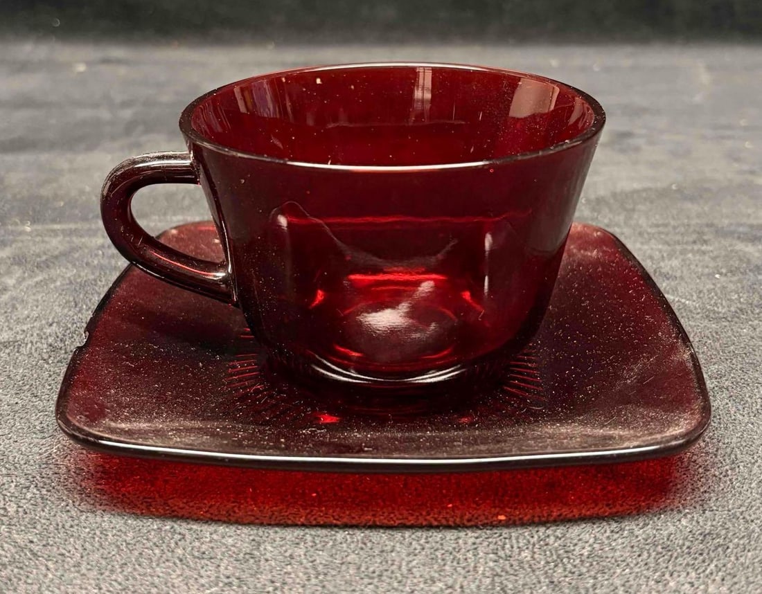Vintage Anchor Hocking Royal Ruby Glass Teacup and Fire King Charm Saucer Set (1 of 5)