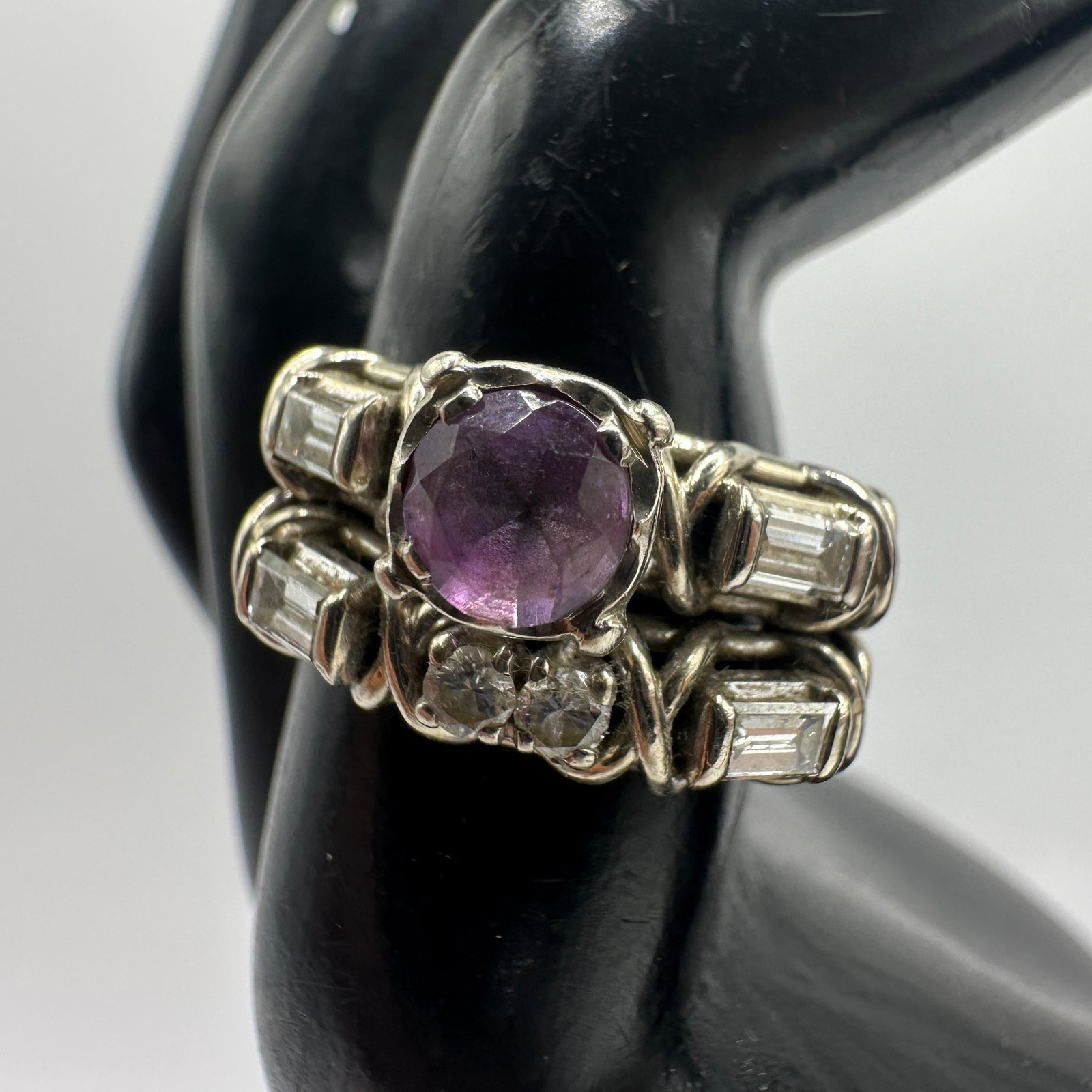 Amethyst with Round and Baguette Cut Accent Diamonds 14K Ring: This item is in good pre-owned, previously used/displayed condition with noticeable light wear and surface scratches. Please reference all photos for full details. This piece of jewelry has been teste