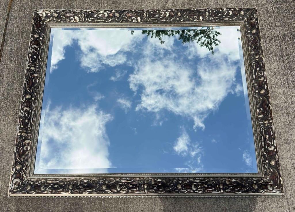 Jubilee Silver Pilkington Mirrors Ornate Rectangular Frame Complex Pattern Motif 47" x 37": Jubilee Silver Pilkington Mirrors Ornate Rectangular Frame Complex Pattern Motif 47" x 37". This mirror features a wooden resin frame mount. While the glass mirror has a geometric line design 