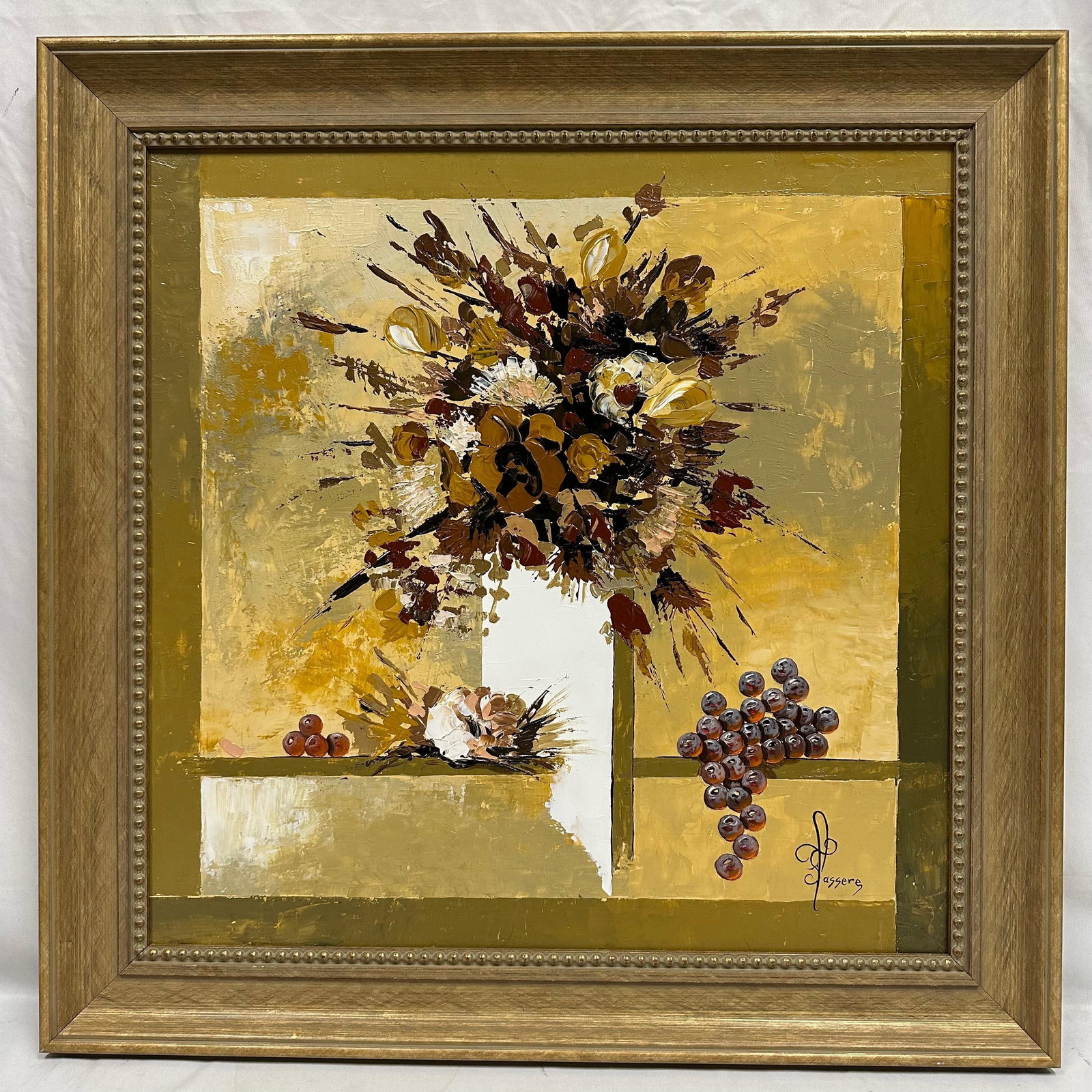 Bouquet of Flowers Textured Palette Knife Still Life Painting Signed: Unknown artist. Vintage textured oil painting on canvas depicting a bold still life composition with a central bouquet arranged in a white vase, flanked by clusters of grapes and floral elements.