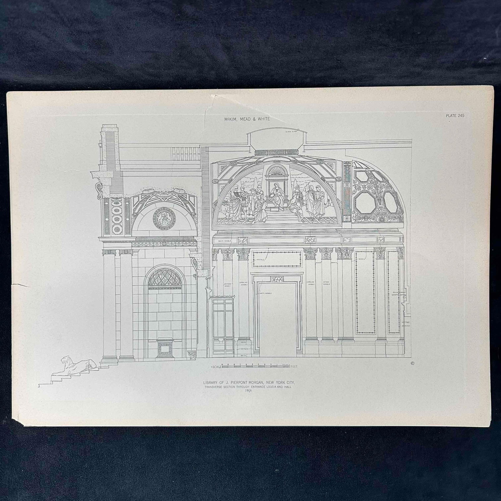 1906 McKim Mead & White Architectural Print Library of J. Pierpont Morgan NYC Plate 245: 1906 architectural plate (Plate 245) featuring a detailed transverse section through the entrance loggia and hall of the Library of J. Pierpont Morgan in New York City, designed by McKim, Mead and