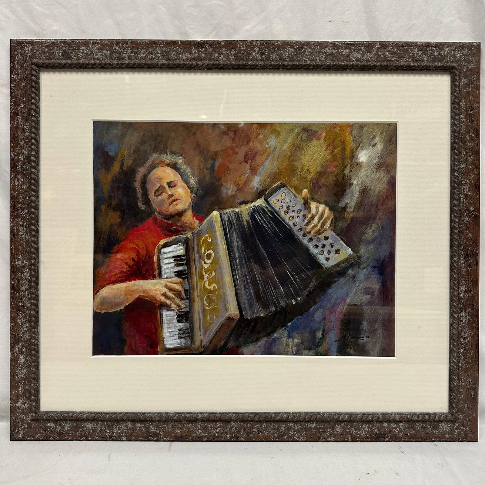 Jean-Louis Leroux Accordion Player Original Painting Signed Framed: Original painting by French artist Jean-Louis Leroux, depicting a musician playing the accordion in expressive, vibrant brushstrokes. Signed lower right. Includes original biography sheet on verso. Fr