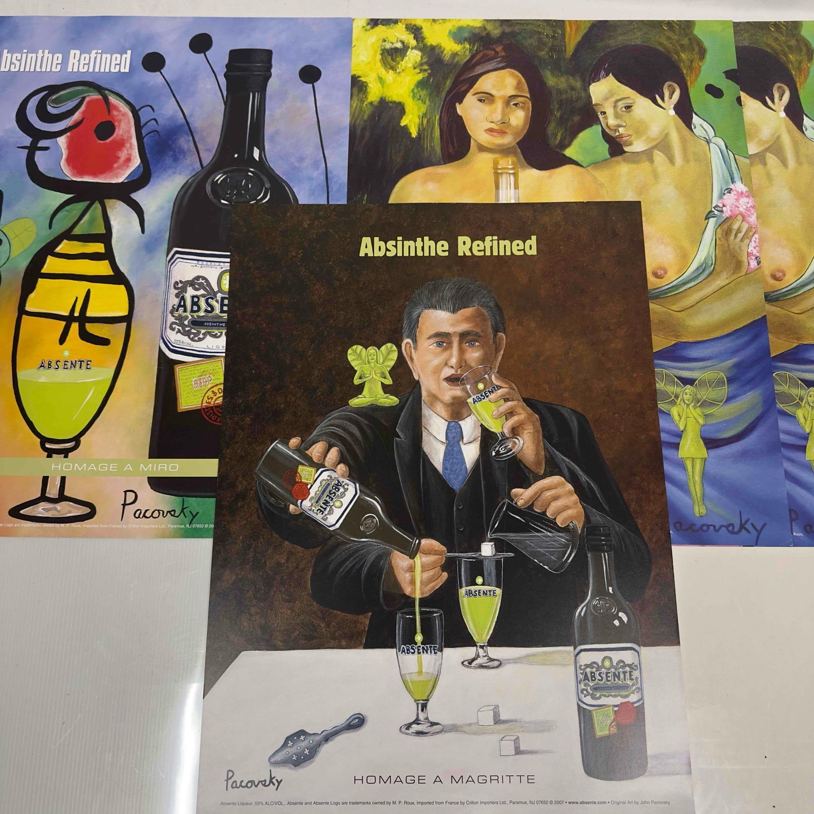 Absinthe Refined Ad Poster Homage by John Pacovsky Liquor Advertisement Set Lot of 4: Absinthe Refined Ad Poster Homage by John Pacovsky Liquor Advertisement Set Lot of 4. This set includes two (2) posters Homage A Gauguin, one Homage A Miro, and one Homage A Magritte by John Pacovsky.