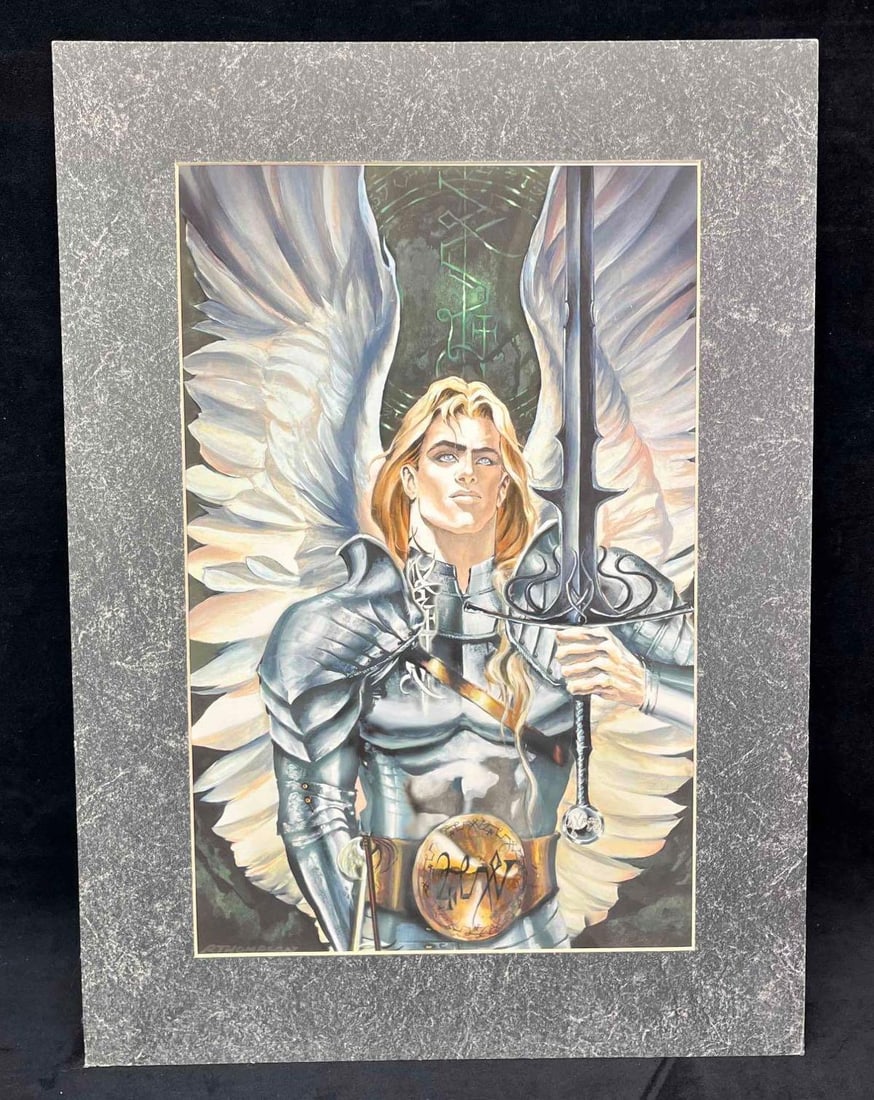 Ruth Thompson Print "Michael The Lord Of Hosts": This lot contains a Ruth Thompson Print "Michael The Lord Of Hosts". The gray framing is approx 21 3/4" x 15 3/4" and the print itself is approx 16 3/4" x 10 3/4". Together they weigh about 0.5lb