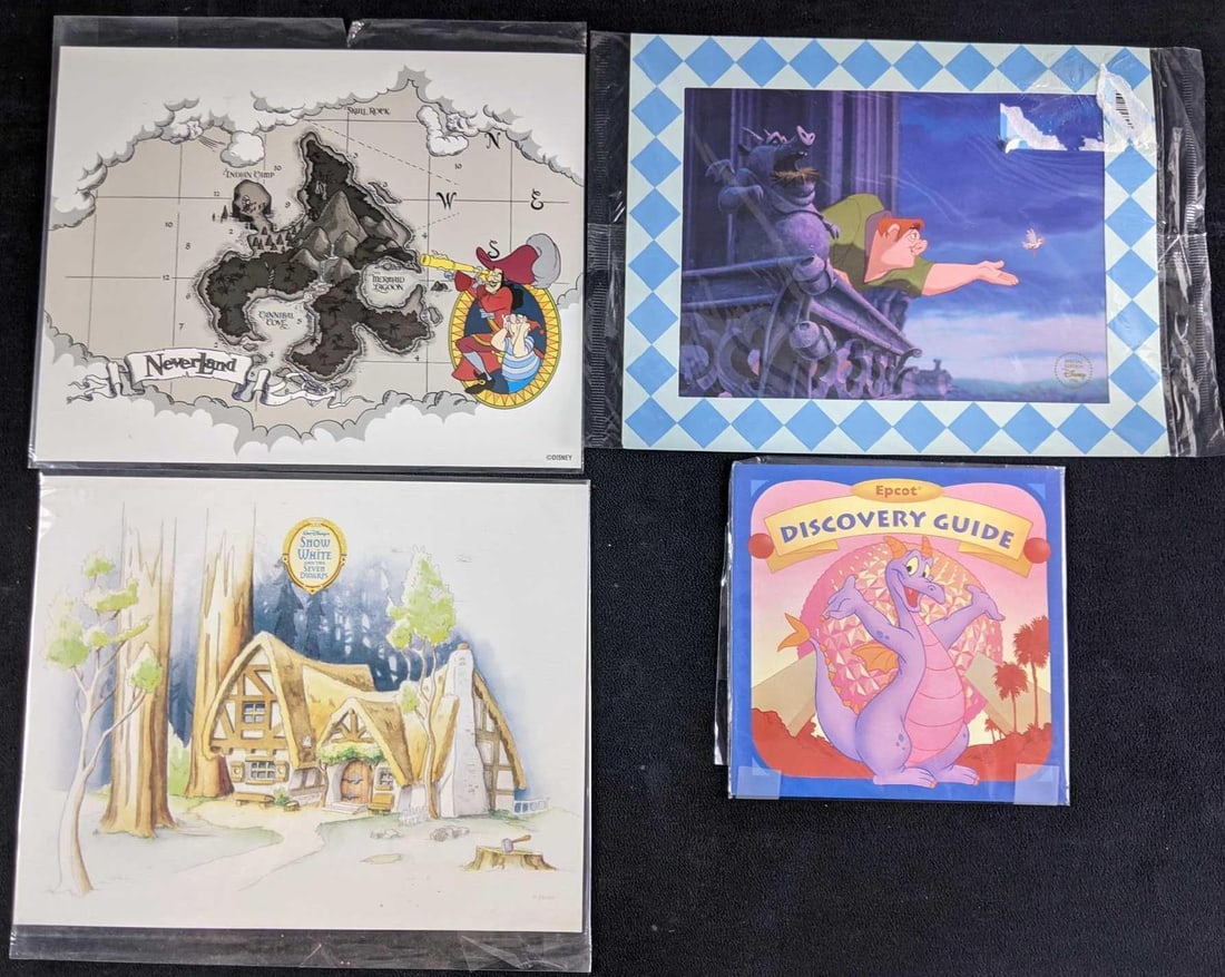 Disney Art Prints and Old Epcot Discovery Guide: Disney Art Prints and Old Epcot Discovery Guide This lot has three Disney art prints and an old discovery guide from Epcot (Epcot is rapidly changing currently). We have Art prints from Snow White, Pe
