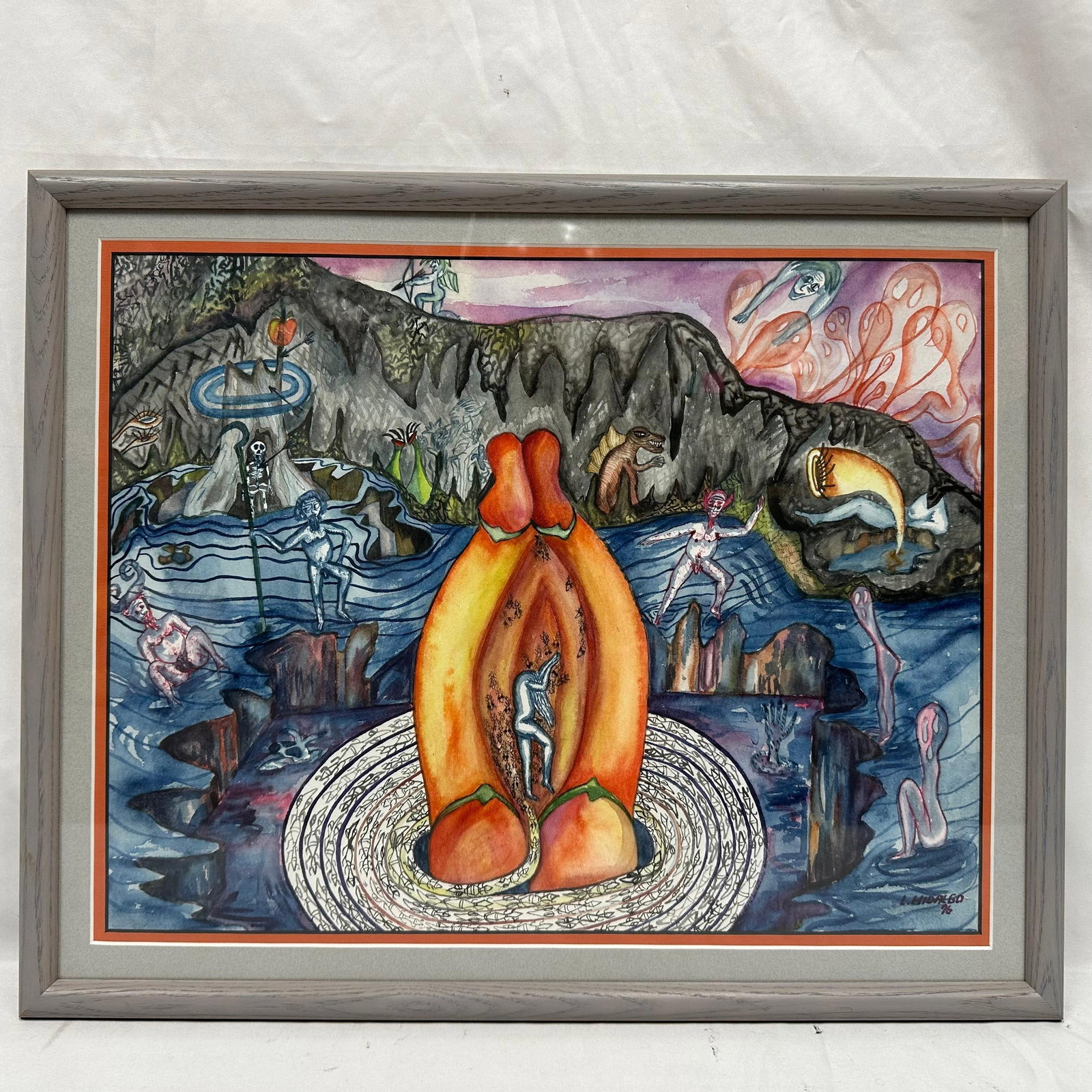 Surrealist Watercolor Mixed Media Painting by L. Hidalgo 1976 Original Artwork: Framed surrealist watercolor mixed-media painting signed by L. Hidalgo and dated 1976. Leonardo Hidalgo. Features bold, imaginative, and symbolic imagery in a detailed landscape composition. Presented