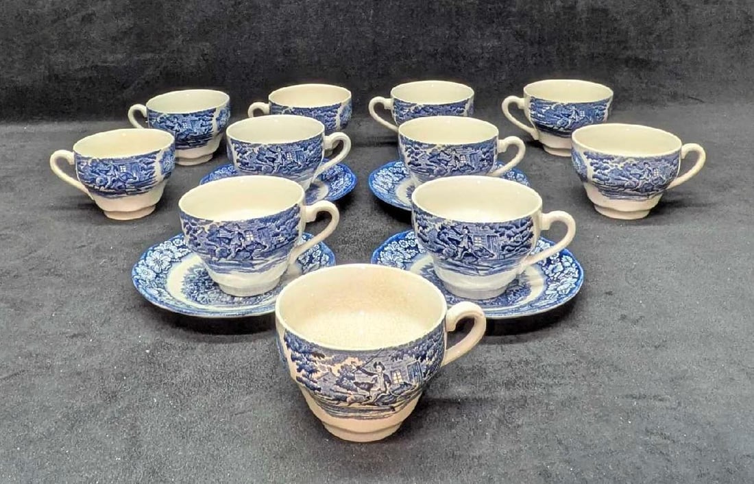 Vintage Retired Liberty Blue Historic Colonial Scenes Cups And Saucers: Vintage Retired Liberty Blue Historic Colonial Scenes Cups And Saucers. This series was released from the year 1975 to the year 1981. This lot includes: (4) Saucers "Old North Church". Each is
