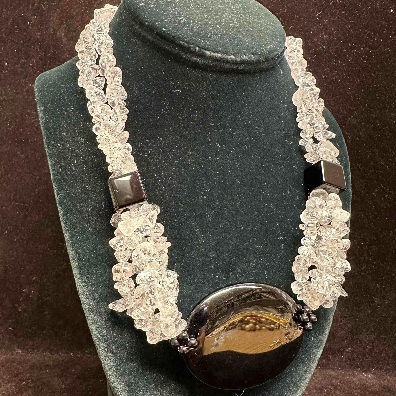 Black Onyx Bold Statement Clear Quartz Bead Chips Costume Jewelry Necklace D79: Necklace with black onyx and clear quartz gemstone beads with a beautifully designed style. This striking necklace features strands of clear crystal chips intricately woven to create a shimmering effe