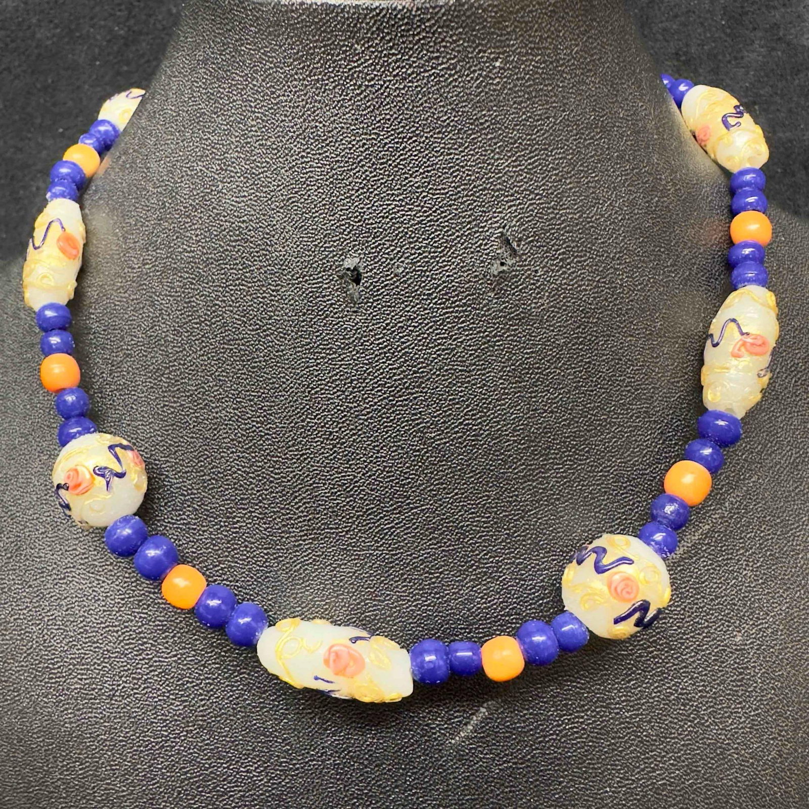 Murano Venetian Lamp Work Glass Art White Floral Blue Peach Colored Accents Beaded Necklace E88 (1 of 8)