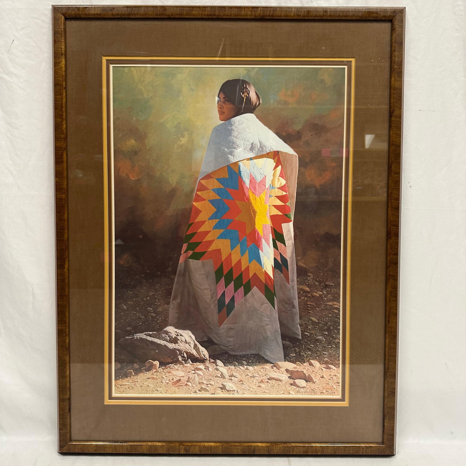 Hudson’s Bay Blanket Donald V. Crowley Limited Edition Lithograph Signed and Numbered: Limited edition lithograph titled Star Quilt by renowned Western artist Donald V. Crowley, American, 1926-2022. A powerful depiction of a Native American woman draped in a vibrant star-patterned