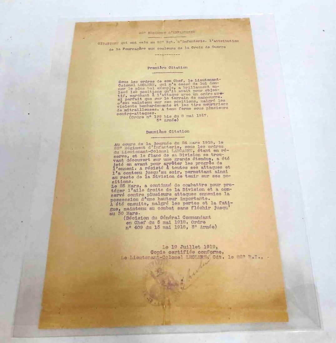 French Military Document 82 Infantry Regiment Attribution Of Awards: This lot contains French Military Document 82 Infantry Regiment Attribution Of Awards. It is approx. 12 1/4" x 7 3/4" and it weighs about 0.04lbs. The document comes in a plastic sleeve for protection