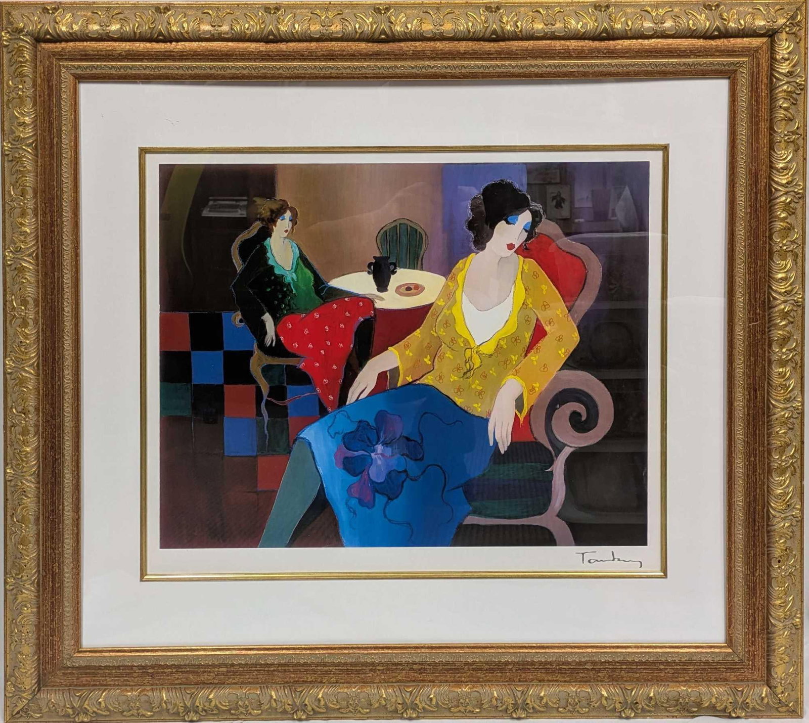Framed Itzchak Tarkay Little Round Table Seriolithograph: Framed Itzchak Tarkay Little Round Table Seriolithograph. This is approx 31" x 34 1/2" x 1 1/2" and it weighs 11.40lbs. Please note, the signature on the bottom right of the print is part of the print