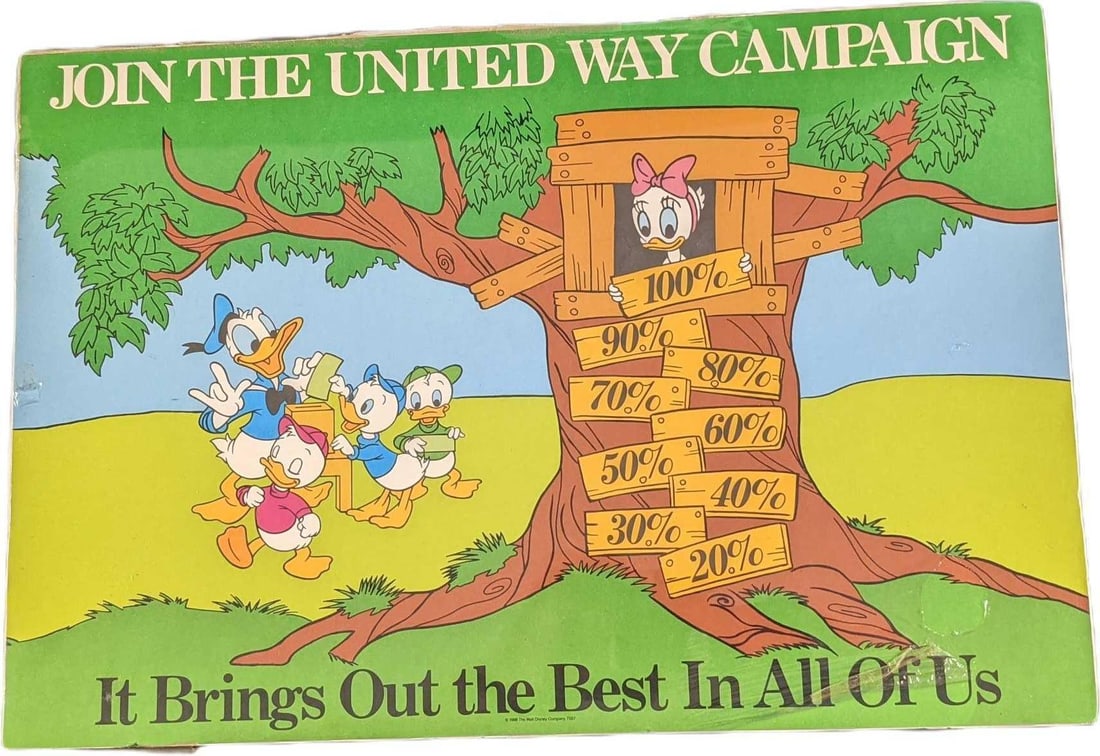 Disney Ducktales United Way Campaign Mini Poster: Mini poster for the "United Way" shows Donald Duck, Huey, Dewey Louie, and Webby gathering up money for the 'United Way'. This mini-poster is approx 17" x 11 1/2" and it weighs 024lb. The poster 