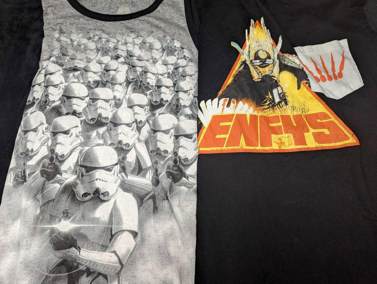 2 Disney Men's XL & L Star Wars Tank Top Shirts: 2 Disney Men's XL & L Star Wars Tank Top Shirts. This lot includes: (1) Disney Parks Star Wars Men's Black Size Extra Large Enfys Tank Top Shirt. This was made of 60% Cotton & 40% Poly