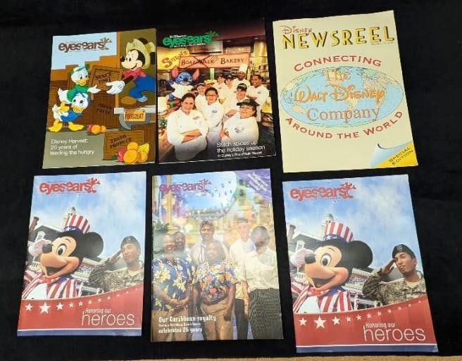 6 Disney Cast Member Exclusive Eyes & Ears Magazines: 6 Disney Cast Member Exclusive Eyes & Ears Magazines. Comes with five "Eyes & Ears" magazines that are approx 8 1/2" x 1/8" x 11" and there is one Disney Newsreel Magazine that is approx 8 3/4" x 1/8"