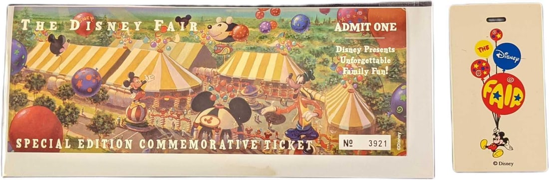 The Disney Fair Special Edition Ticket & Luggage Tag: This lot consists of one "Special Edition Commemorative Ticket" #3922 and one "The Disney Fair" luggage tag. The ticket is approx 10"x 4" and the tag is approx 2 1/2" x 4 1