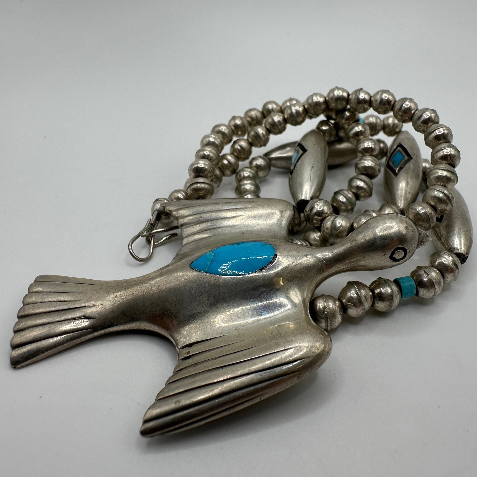 Native American Style Silver Turquoise Inlay Beaded Thunderbird Necklace (1 of 8)