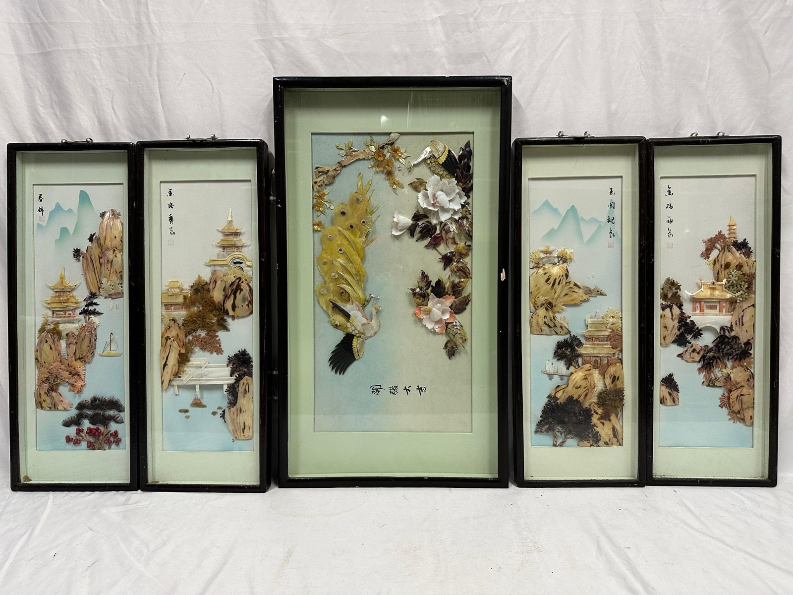 Chinese Hardstone Shell Art Wall Panels Set of Five Framed (1 of 13)