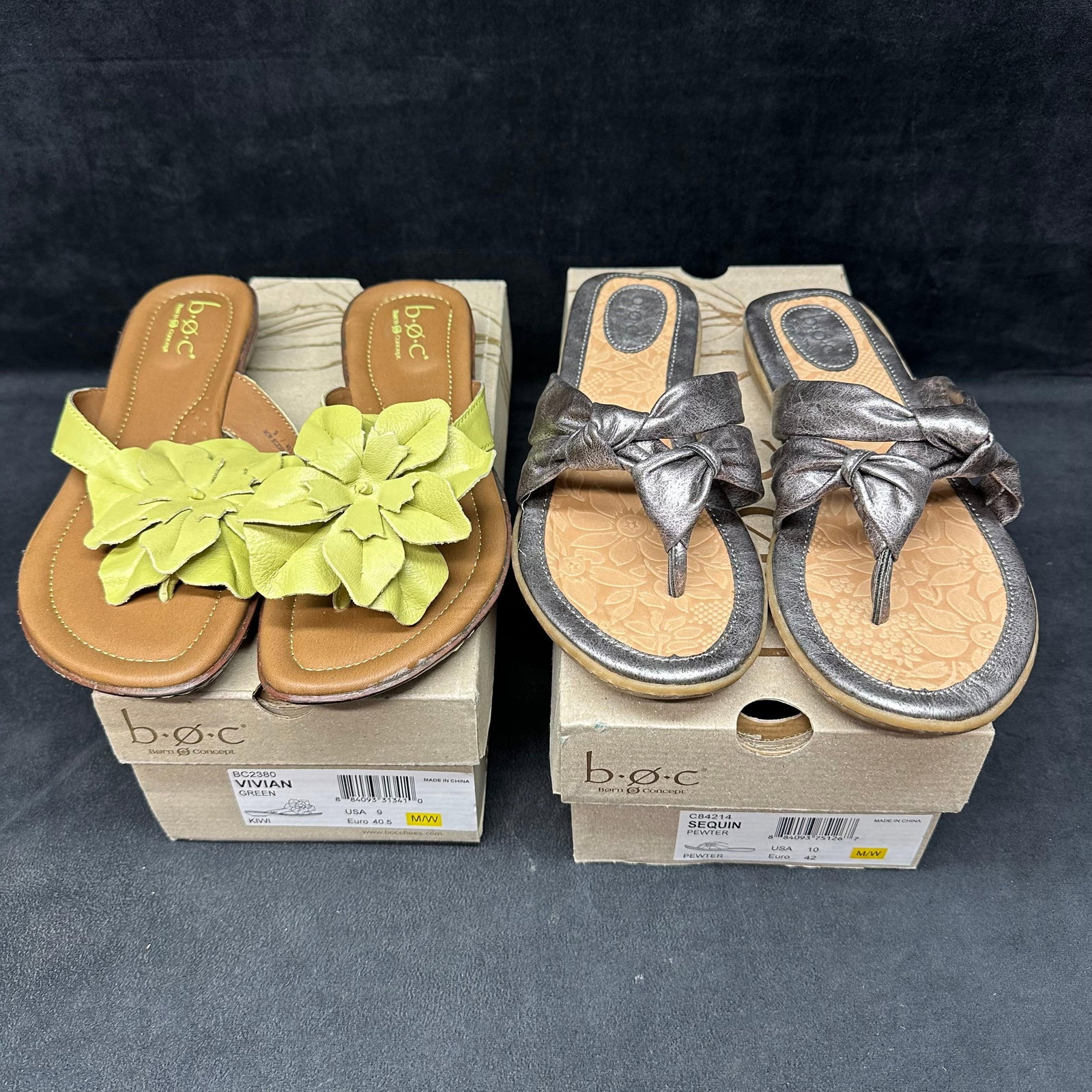 Born Concept BOC Women's Sandals Set Vivian Kiwi Green and Sequin Pewter Color: Pair of stylish and comfortable B.O.C. Born Concept sandals, both with their original boxes. Includes: Vivian Green (Size 9 M/W) – soft kiwi green leather upper with large floral accent. Se
