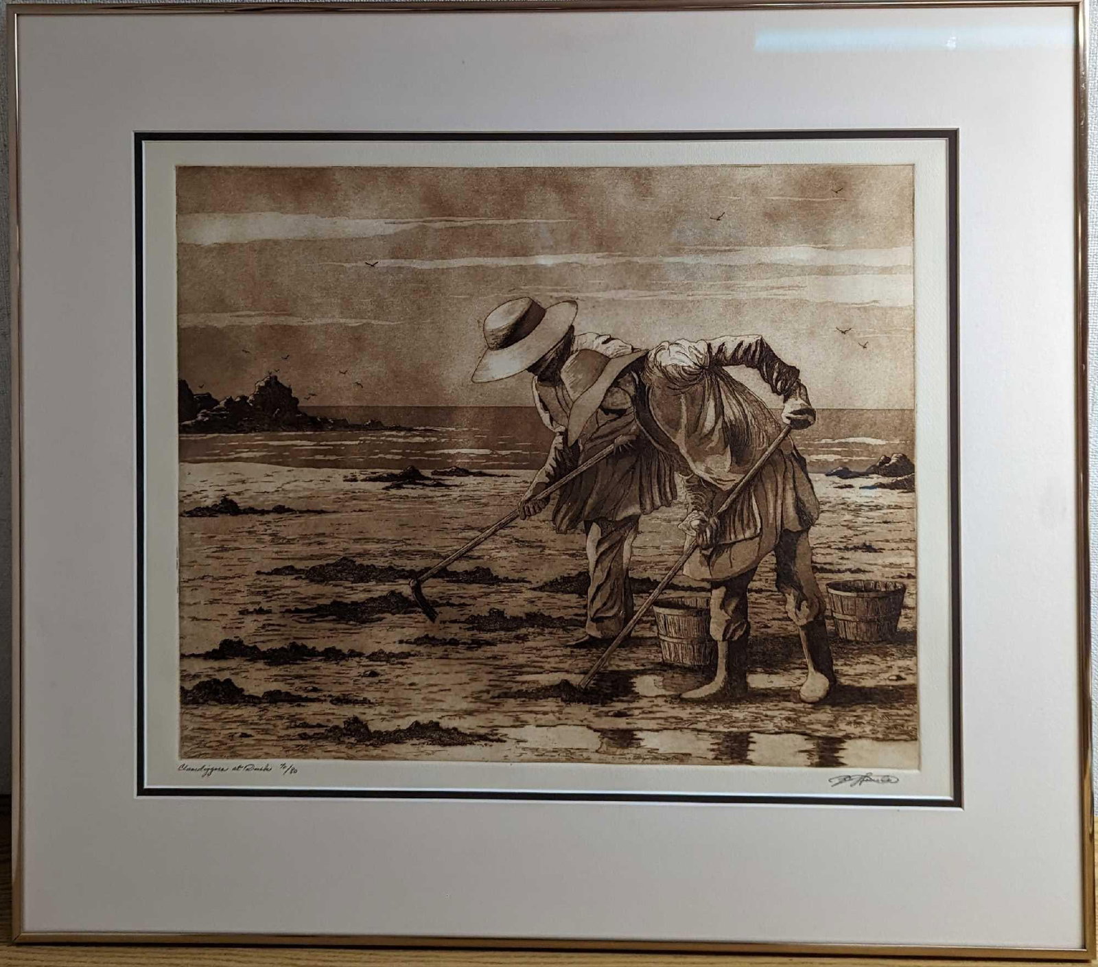 F20 David Hunter Clamdiggers At Dawn Strings LE Print: F20 David Hunter Clamdiggers At Dawn Strings LE Print. This one is #70 out of #80. The framed etching print is approx 28" x 3/4" x 24 3/4" and it weighs 9.5lbs. The print/image is approx 2