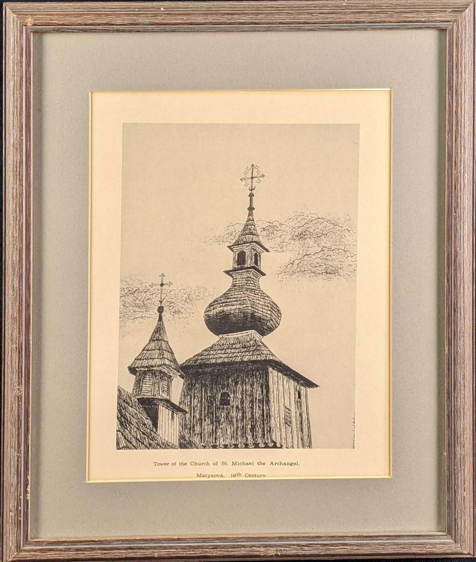 Framed Tower Of The Church Of St Michael The Archangel Print: Tower Of The Church Of St Michael The Archangel - Matysova, 18th Century print. Was released in 1979. The framed print is approx 15 1/2" x 1 1/4" x 18 1/2" and it weighs 3.43lbs. The print is approx 9