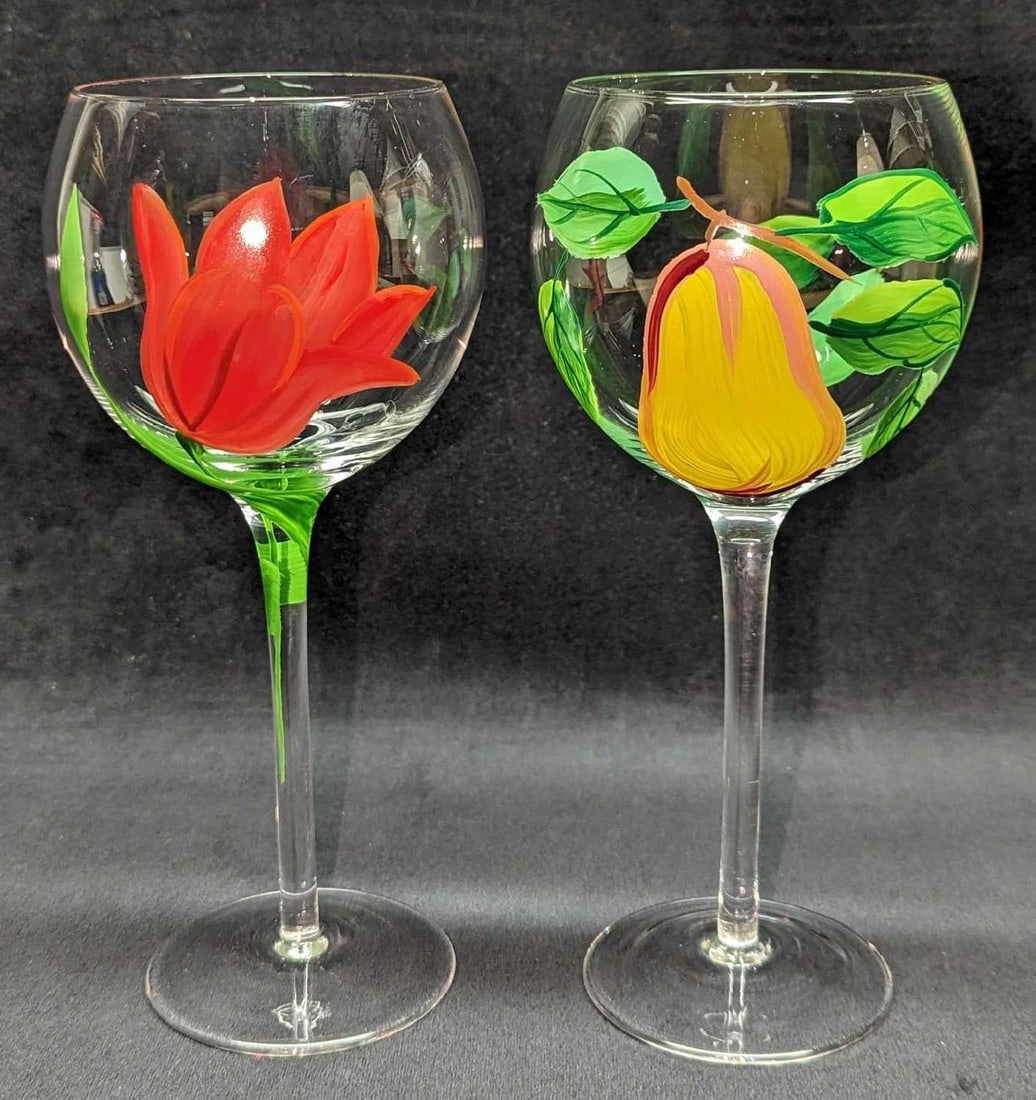 2 Tall Stem Hand Painted Fruit Flowers Wine Glasses: 2 Tall Stem Hand Painted Fruit Flowers Wine Glasses. Its maker and date of creation are unknown. Each glass is approx 4" x 4" x 8 1/2" and the total weight is 0.64lb. The glasses are in a good, used c