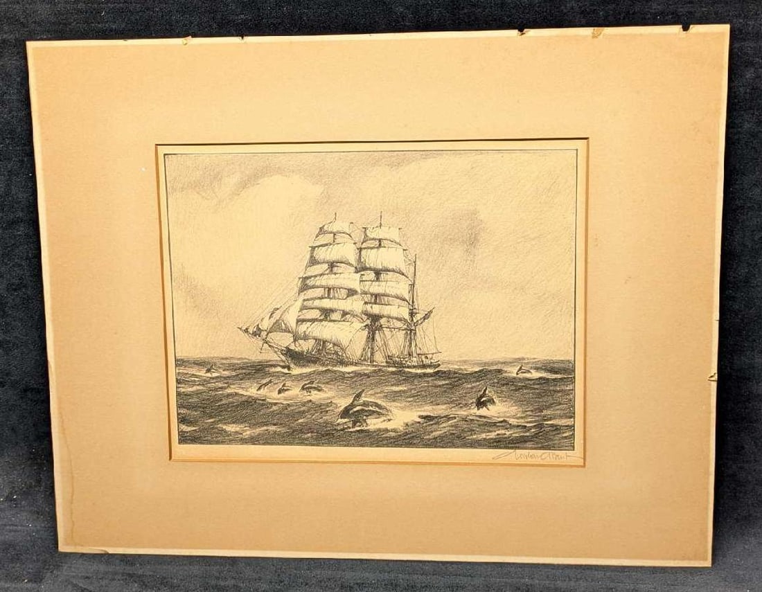 Signed Gordon Grant Porpoise Convoy Lithograph: Signed Gordon Grant Porpoise Convoy Lithograph. This matted print is approx 20" x 16" and it weighs 0.10lb. The matting is discolored from age and has some holes on the top and right. The print is sig