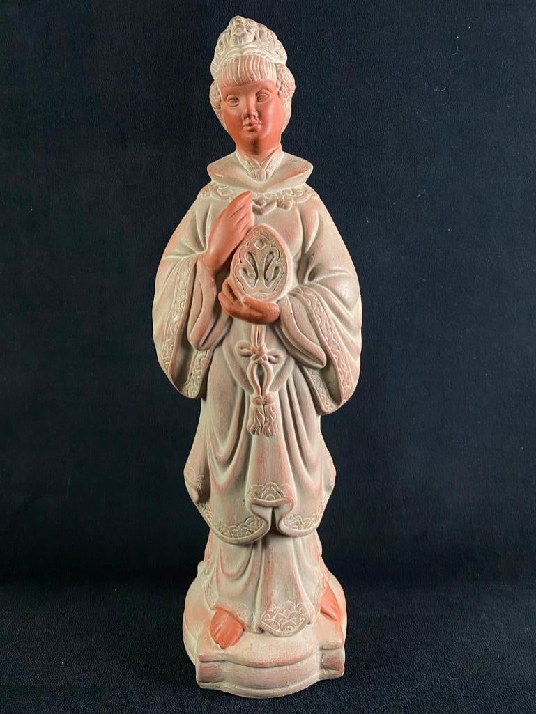 Statue of a Robed Woman JB: Statue of a Robed Woman Ceramic statue, featuring a woman in a robe. In good condition with no known damage. Approximate size: 16.5" x 5.5" x 5" Approximate weight: 6.1 lbs