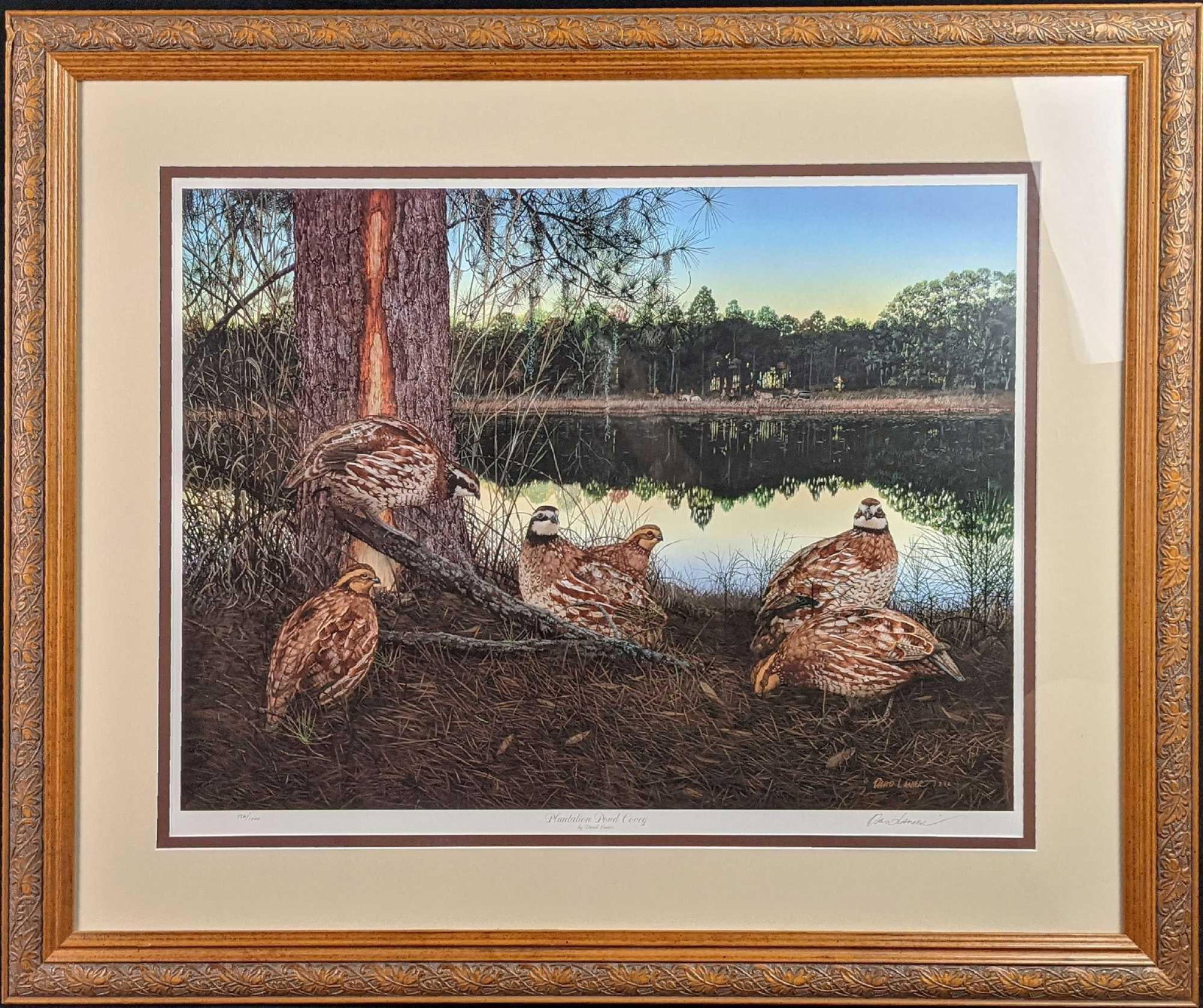 Framed LE David Lanier Plantation Pond Covey: Framed Limited Edition of David Lanier popular "Plantation Pond Covey". This one is #136 out of #1000. Is signed by the artist on the bottom right. The framed print is approx 34" x 1&
