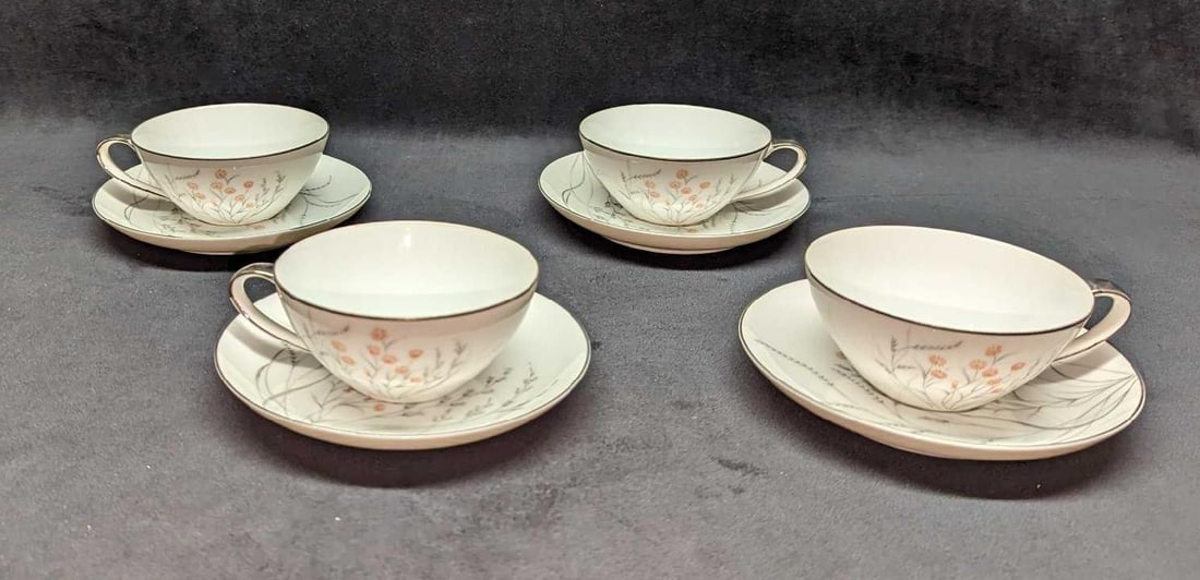 4 Retired Jyoto China Spring Cups & Saucers A: 4 Retired Jyoto China Spring Cups & Saucers A. This lot includes: (4) Cups. Each is approx 5" x 4 1/4" x2". The total weight is 0.83lb. (4) Saucers. Each is approx 6" x 6" x 7/
