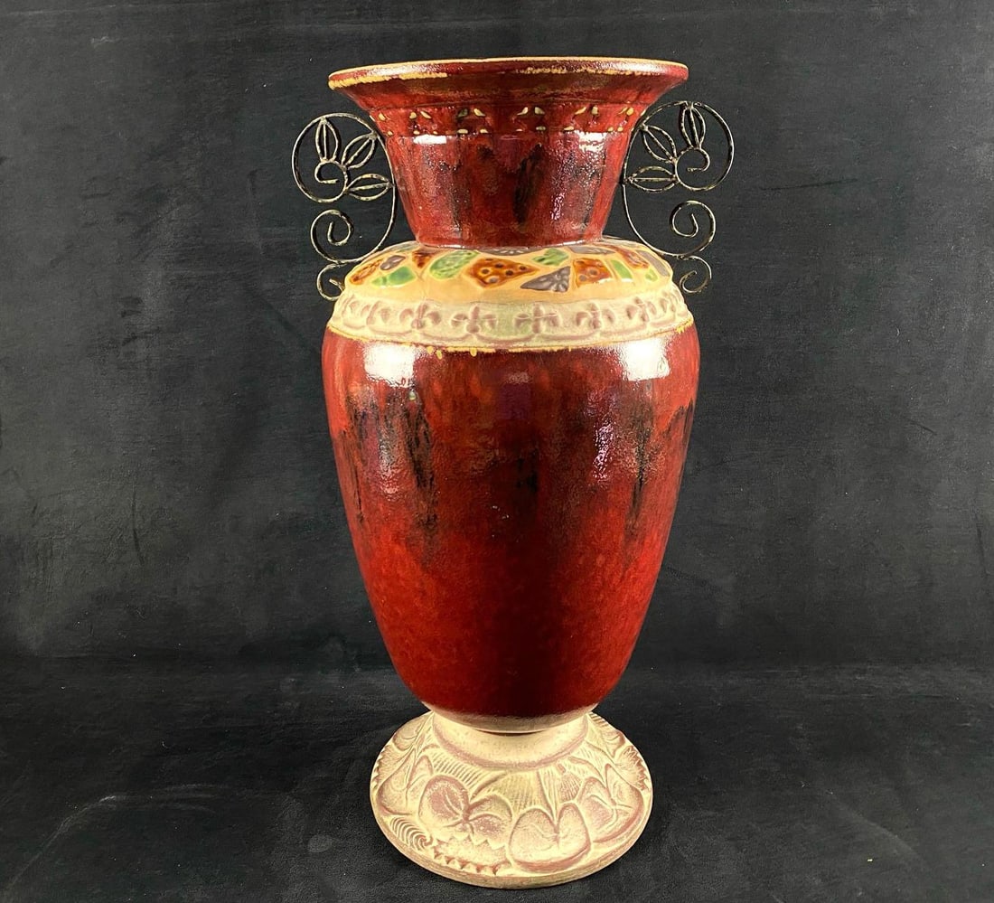 Large Hand Painted Stone Pattern Burgundy Handled Ceramic Vase (1 of 6)