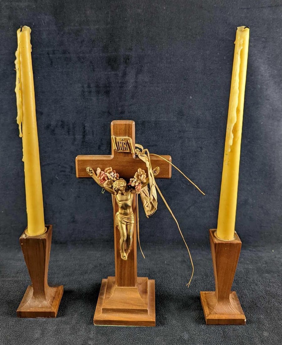 Vintage Wooden Candle Holders & Crucifix & Candle: This lot comes with: (2) Vintage Wooden Candle Holders. Each is approx 2 1/4" x 2 1/4" x 5". Is missing most of the 'silver tone' on the top. (2) Vintage used candles. Each is appr