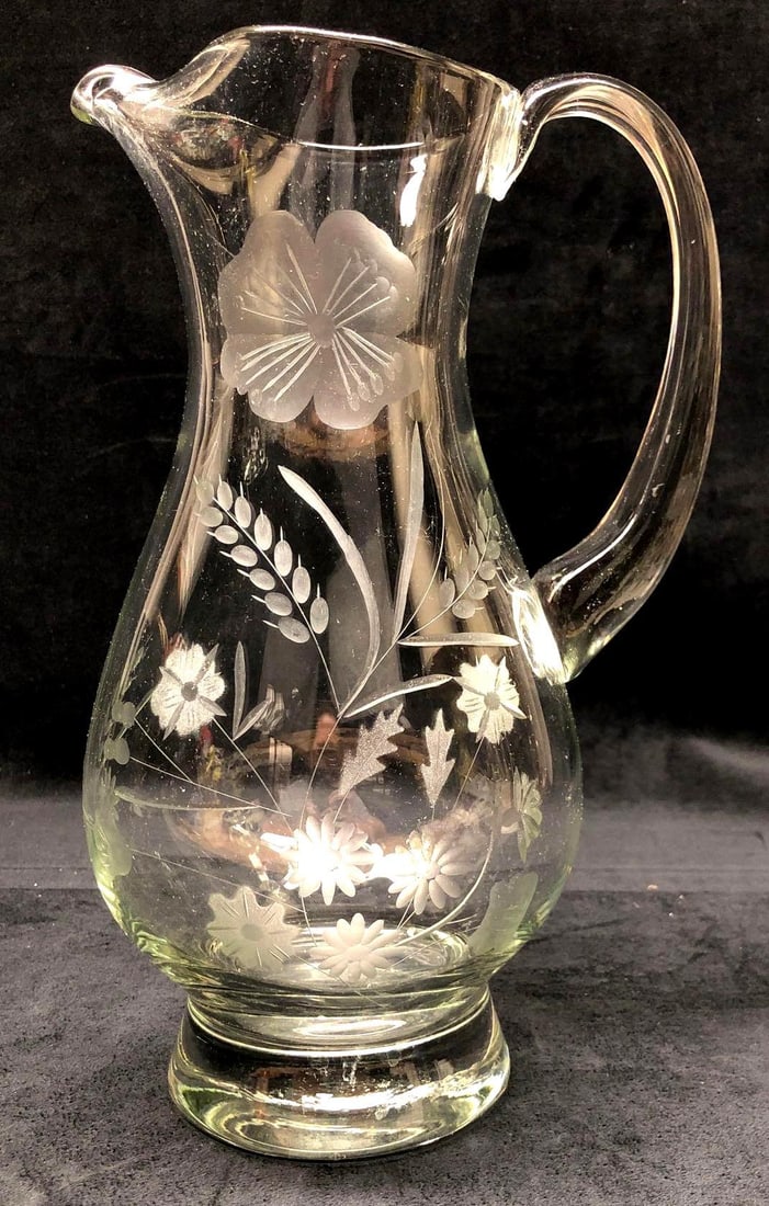 Vintage MCM Etched Glass Pitcher - Wheat & Floral (1 of 4)