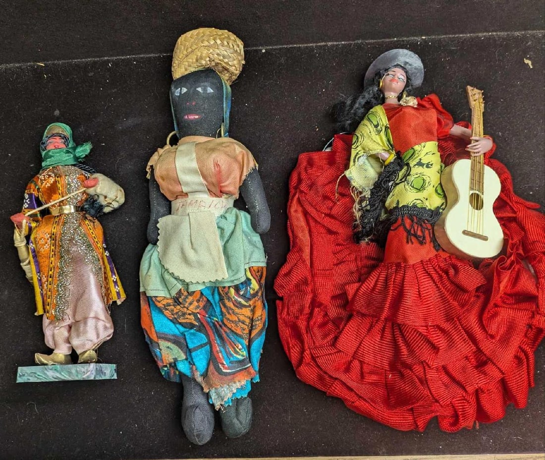 Vintage Spanish Jamaican Turkish Dolls: Vintage Spanish Jamaican Turkish Dolls. This lot includes: (1) Turkish Doll. This is approx 4" x 3" x 8 1/2". Has some markings. (1) Handmade Jamaican Rag Doll. This is approx 4" x 3&#