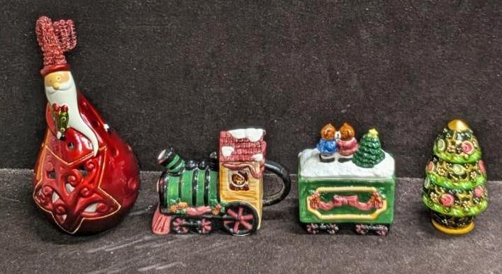 Christmas Train Sugar Bowl Creamer Nesting Doll Candle Holder: Christmas Train Sugar Bowl Creamer Nesting Doll Candle Holder. This lot includes: (1) Mercantile Stores "North Pole Express" Bear Train Ceramic Sugar Bowl And Creamer. Both come in one box tha