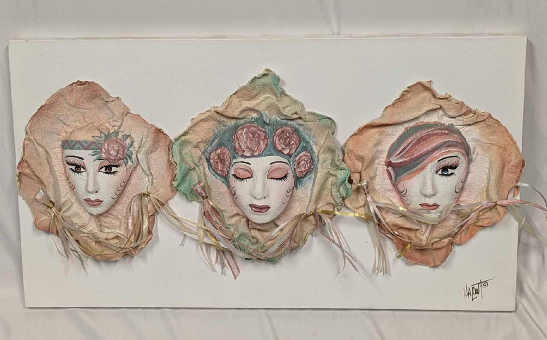 Three Paper Mache Masks On Signed Canvas: Three Paper Mache Masks On Signed Canvas. This canvas is approx 36" x 1 1/2" x 20 1/2" and it weighs 3.80 lbs. The artist signed the bottom right of the canvas. We could not find any information 