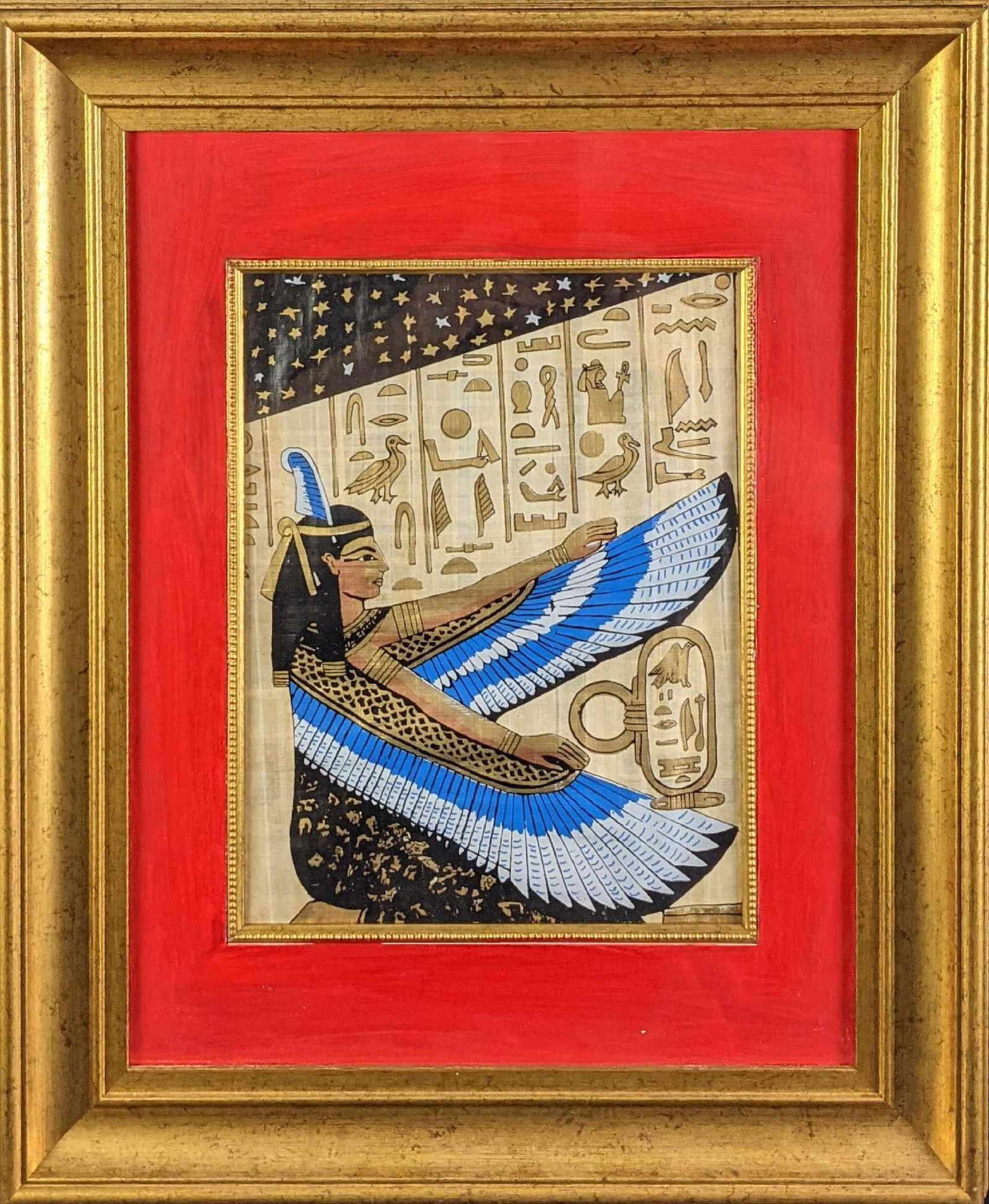 Framed Egyptian Goddess Isis Hand Painted Papyrus Art: Framed Egyptian Hieroglyphic Hand Painted Papyrus Art. Art shows the goddess Isis. Is not signed by the artist. The original is approx 18 1/2" x 2" x 23". is in a good, used condition with some light 