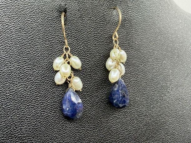 14k Lapis & Pearl Dangle Earrings