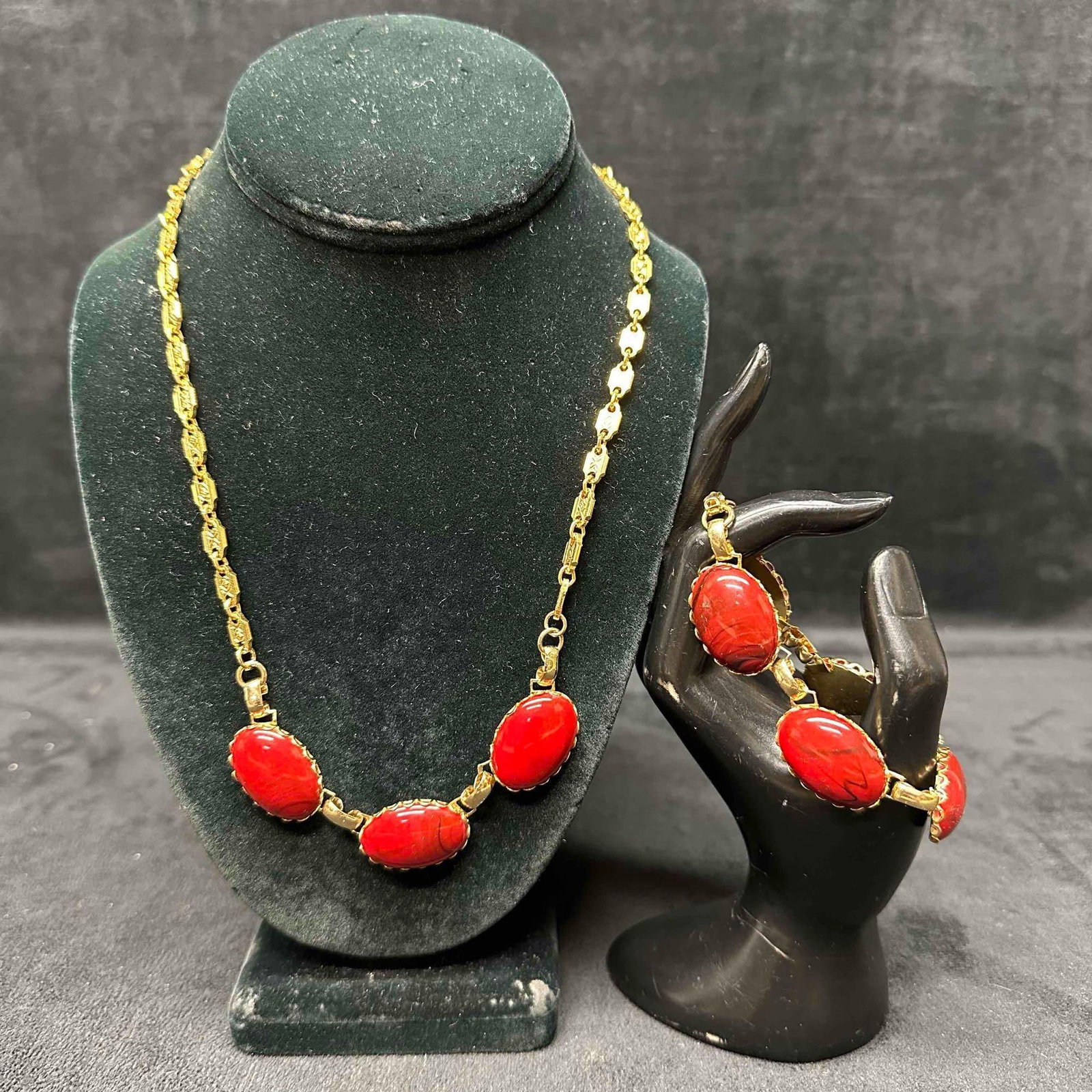 Gold-Tone Necklace and Bracelet Set with Red Cabochon Faux Red Stone Accent
