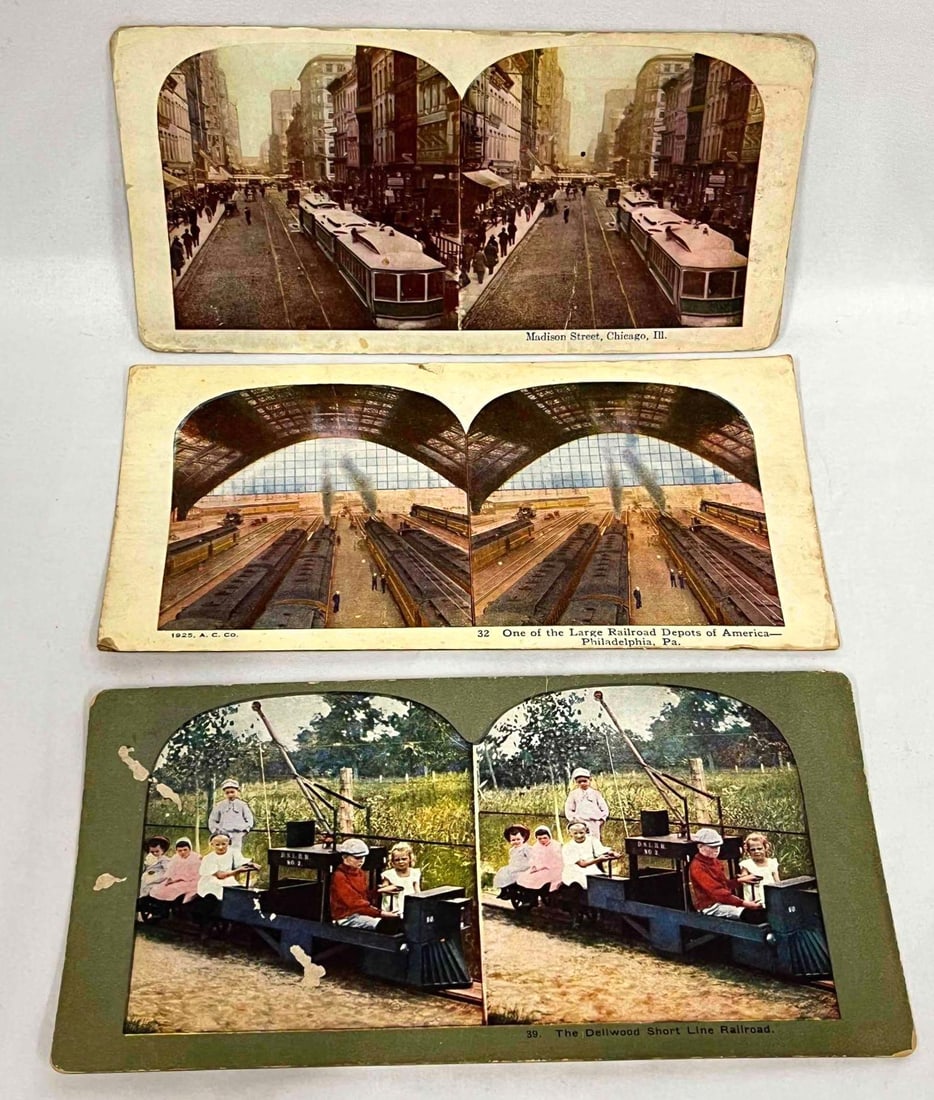 Three Vintage Colored Railroad Stereoviews: This lot contains Three Vintage Colored Railroad Stereoviews. Each Stereoview is approx 3 3/4" x 7 1/4" and altogether they weigh about 0.9oz. Overall the colored Prints in good used co