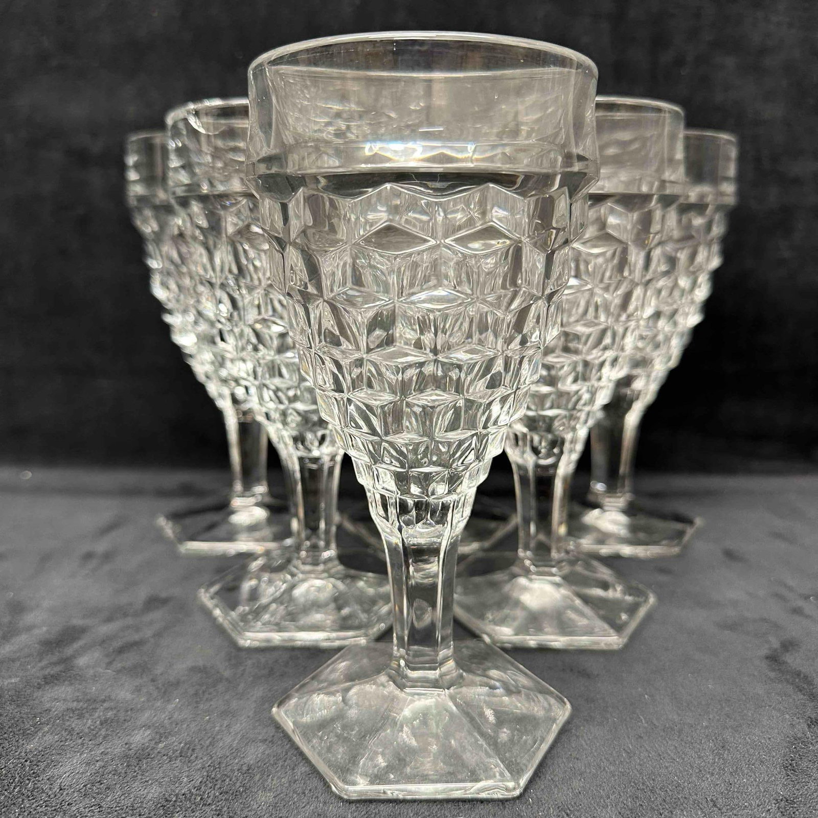 Fostoria American Cubist Glass Hex Footed Wine Glasses Water Goblet Set Six (1 of 8)