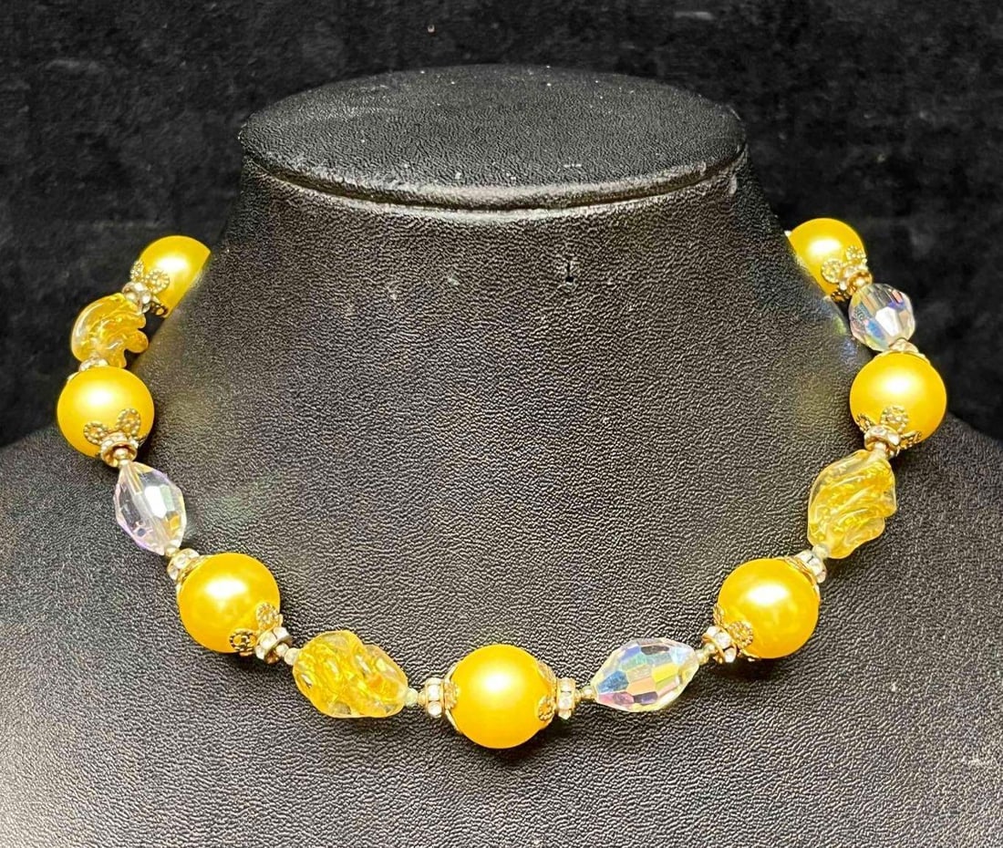 Signed Vintage Vendome Yellow Glass Bead Necklace